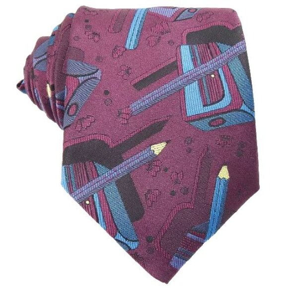 Back To School Teacher Tie Maroon Blue Pencil Vintage Necktie - Picture 1 of 4